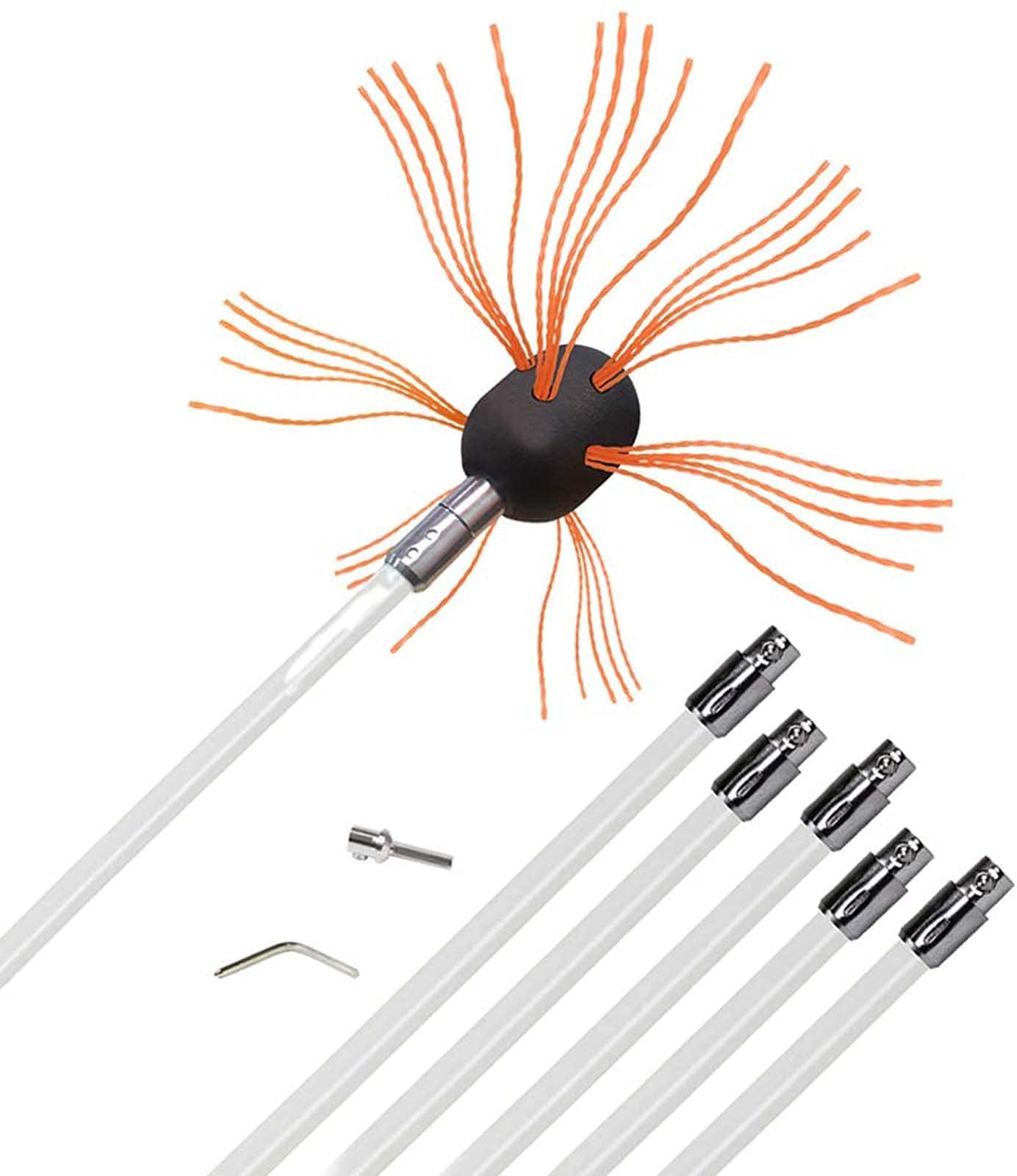 QDY Chimney Cleaning Brush - Fireplace Flue Sweep Whip Cleaner Tool with Rotary System & Flexible Rods Kit (Drill Powered, 8m/26ft) - Easy to Use for Fireplace, Wood Stove, and Chimney Maintenance