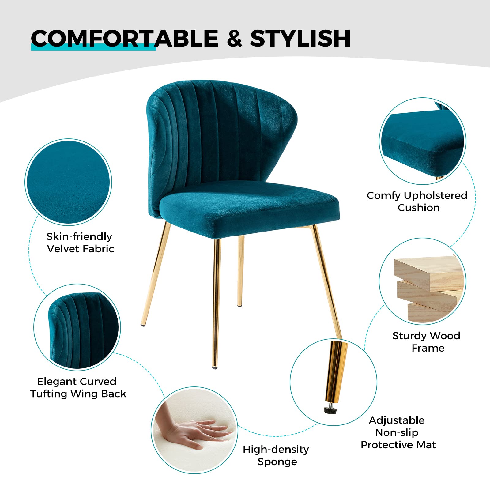TINA'S HOME Modern Velvet Dining Chairs with Gold Metal Legs - Tufted Back Accent Chair for Living Room, Kitchen, Bedroom & Beauty Salon - Teal Blue Upholstered Side Chair for Home Decor & Patio Seating