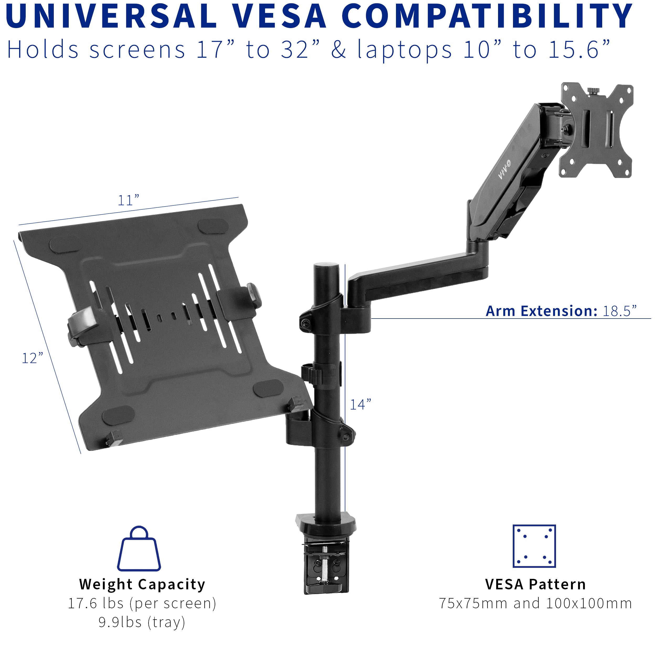 Pneumatic Arm Single Monitor and Laptop Mount Holder - Adjustable Stand for 15.6