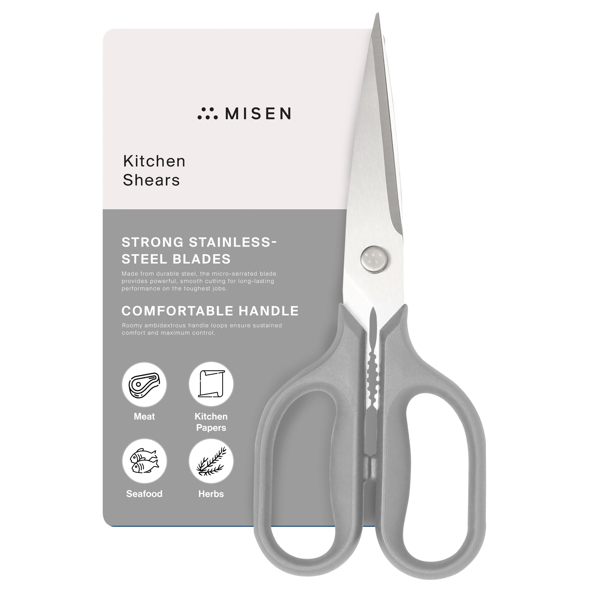 Misen Heavy Duty Kitchen Shears - Professional Multi-Purpose Cooking Scissors for Cutting Meat, Poultry, Herbs & Vegetables - Dishwasher Safe Kitchen Shears with Ergonomic Ambidextrous Handle (Gray) - Perfect for Meal Prep, Butchering & Food Preparation