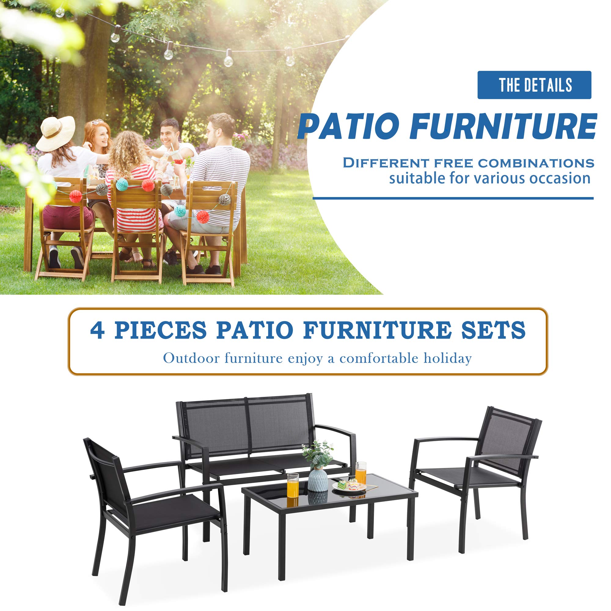 Vongrasig 4-Piece Outdoor Patio Furniture Set - Modern Textilene Bistro Set with Loveseat & Glass Coffee Table - Black Patio Conversation Set for Lawn, Balcony, Garden or Poolside Relaxation