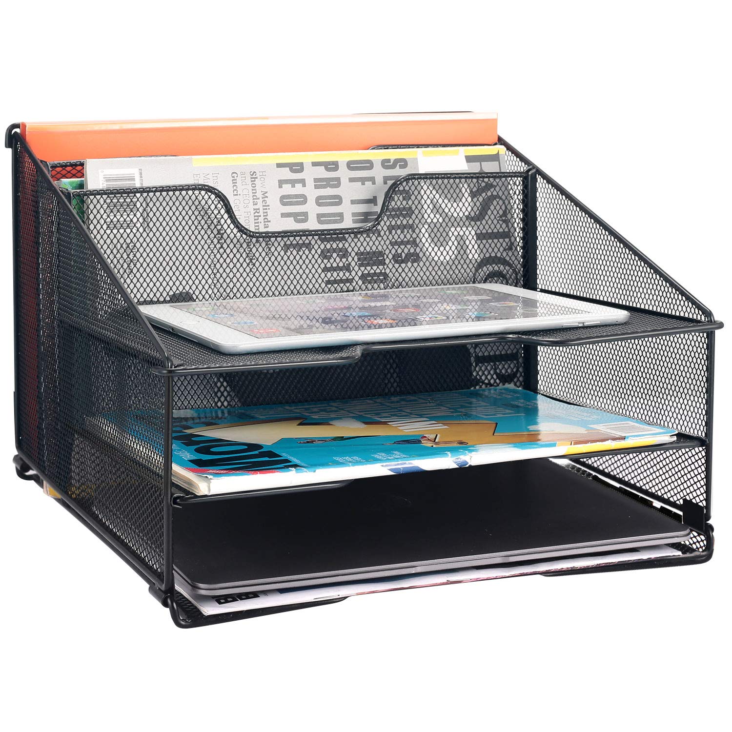 Samstar Mesh Desk File Organizer - 3-Tier Letter Tray Holder with 2 Vertical Sections for Office Paper Storage | Black Metal Desktop File Folder | Perfect for Home Office, School & Workspace Organization