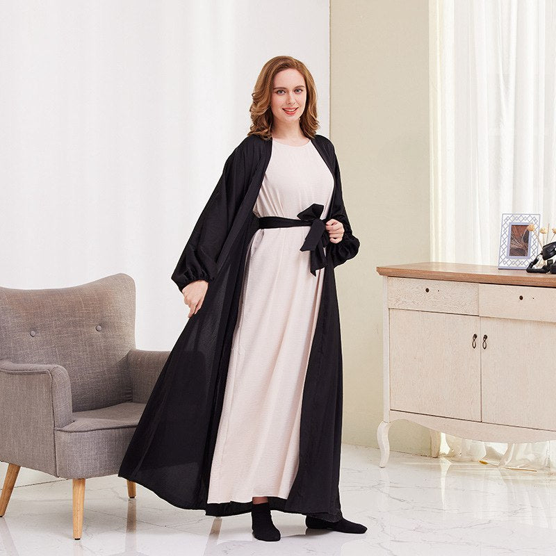 Elegant Puff Sleeve Open Abaya Dress for Muslim Women - Modest Islamic Clothing for Prayer, Eid & Special Occasions