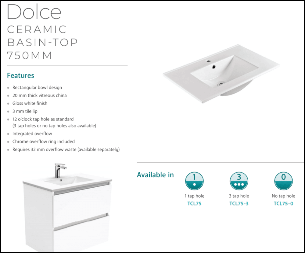 Fienza Dolce Edge TCL75XR Modern 750mm Wall-Mounted Bathroom Vanity with Right Drawers - Perfect for Small Bathrooms, Powder Rooms & Contemporary Home Decor