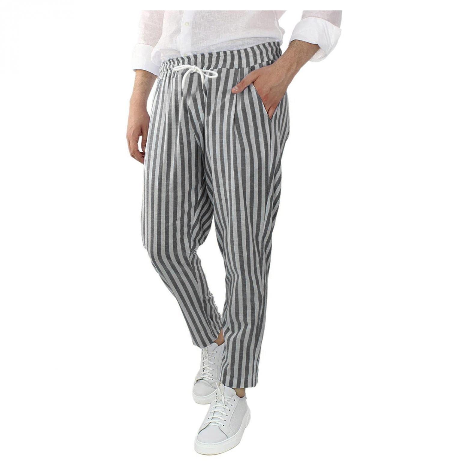 Men's Casual Printed Linen Pants - Breathable Lace-Up Pocket Trousers for Summer (Large Size 8) | Perfect for Beach, Vacation & Everyday Wear
