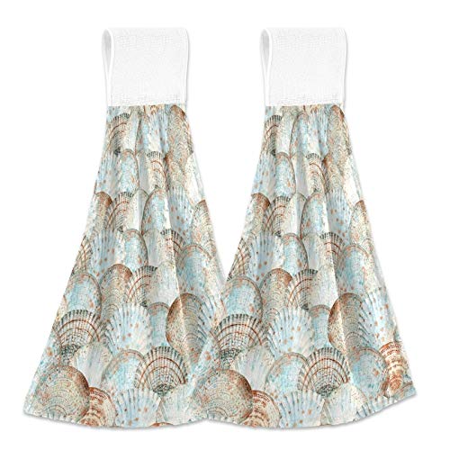 Summer Sea Seashells Watercolor Hanging Kitchen Towels Set of 2 - 12x17 Inch Super Absorbent Hand Towels with Loops, Soft Washcloths for Dish Drying, Bathroom & Beach House Decor