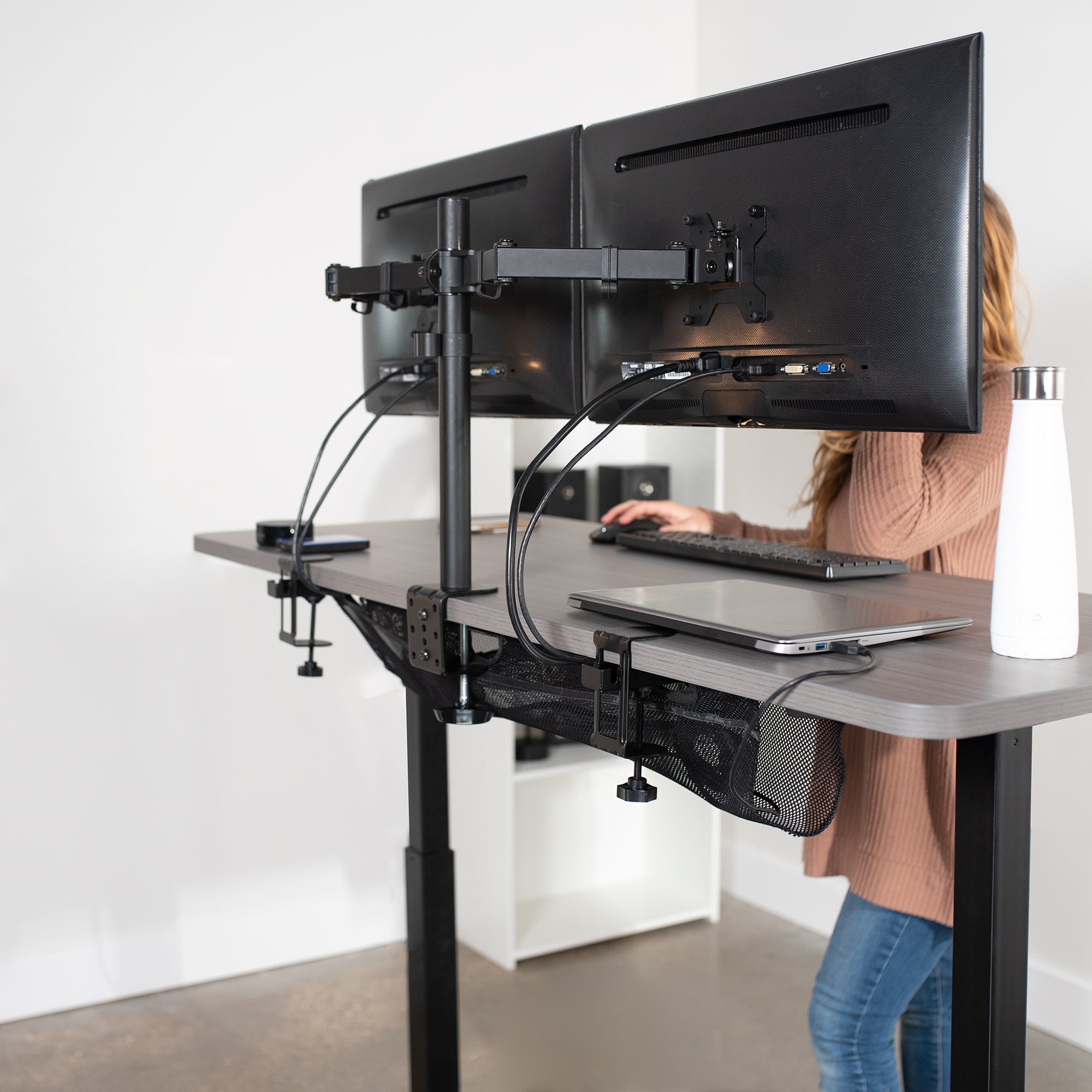 Under Desk Cable Management Organizer - Mesh Clamp-On Cord Holder for Home & Office Workspace Organization