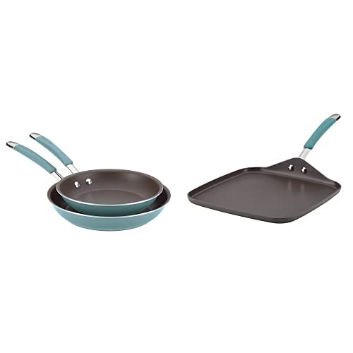 Rachael Ray 11-Inch Nonstick Aluminum Frying Pan & Griddle Pan Set - Agave Blue & Gray - Perfect for Sautéing, Frying & Pancakes - Ideal for Home Cooking & Professional Kitchens