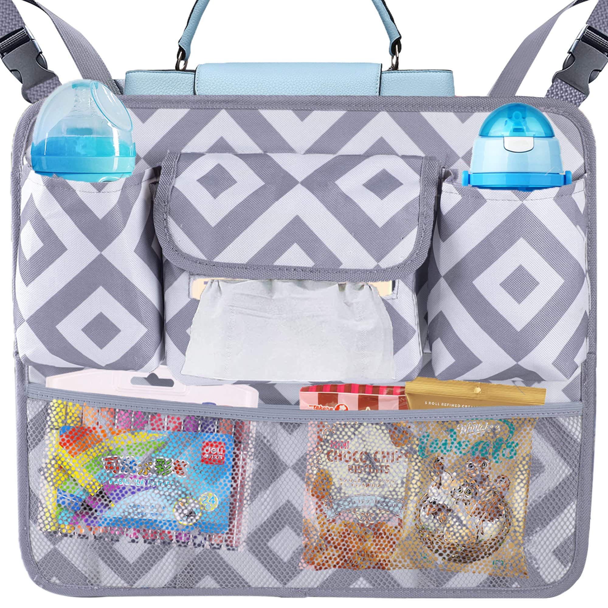 Collapsible Car Seat Organizer with Net Pocket - Handbag & Purse Holder, Pet & Kids Barrier for Front Seats | Gray Diamond Pattern | Perfect for Road Trips & Family Travel
