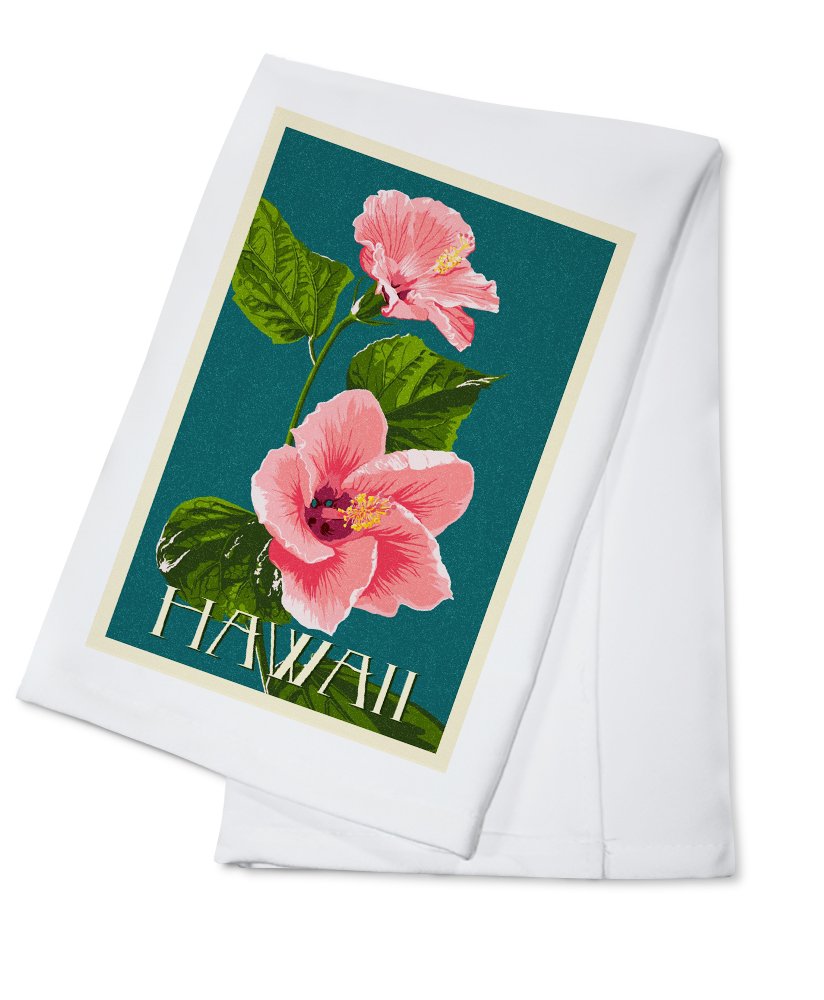 Hawaiian Pink Hibiscus Letterpress Tea Towel - 100% Cotton Decorative Hand Towel for Kitchen & Home | Perfect for Drying Dishes, Gift Giving & Tropical Home Decor