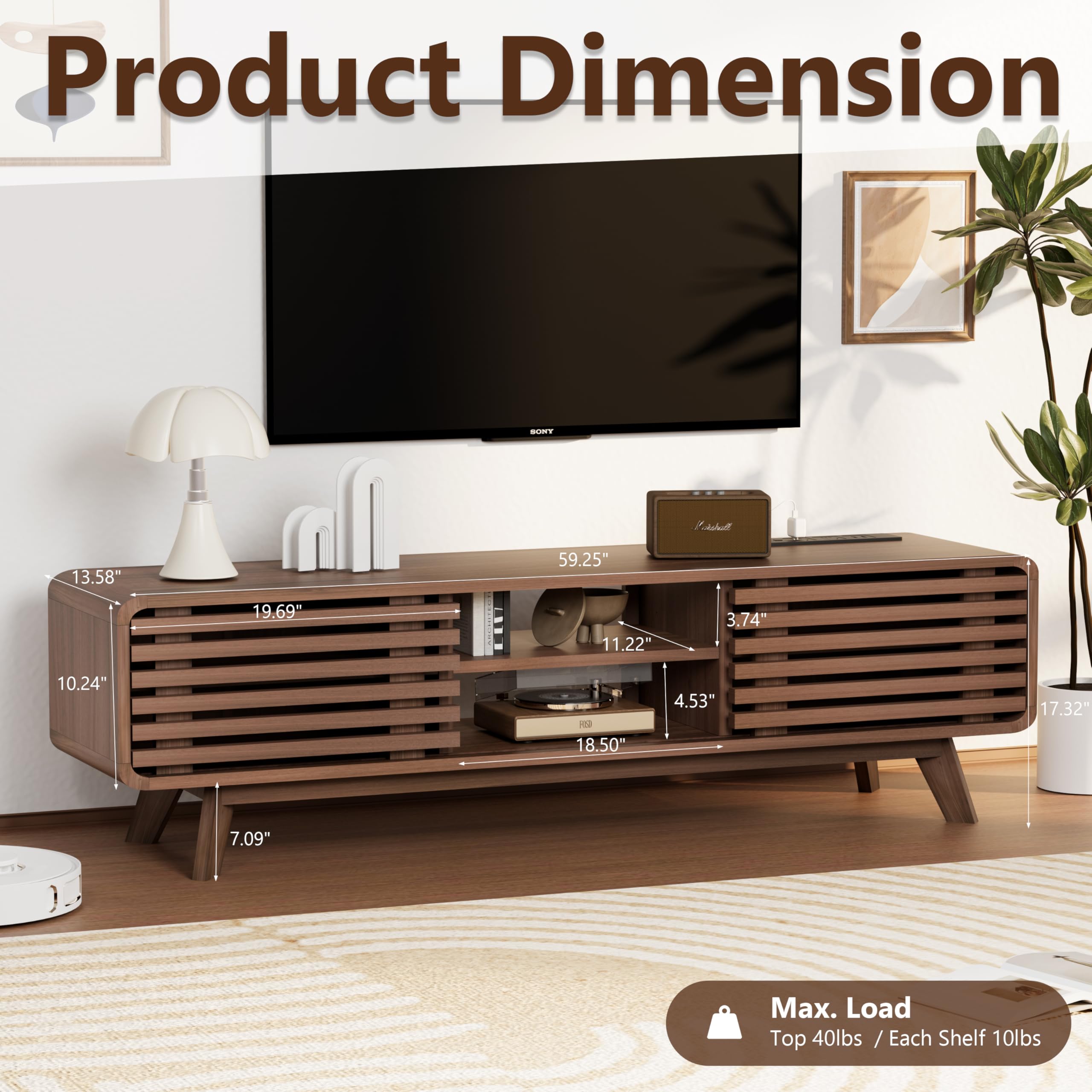 Modern TV Stand for Living Room - Large Entertainment Center with Slatted Sliding Doors, Open Shelves & Built-in Power Outlet - Rustic Reddish Brown Media Console Cabinet - Perfect for Home Theater Setup & Living Room Organization