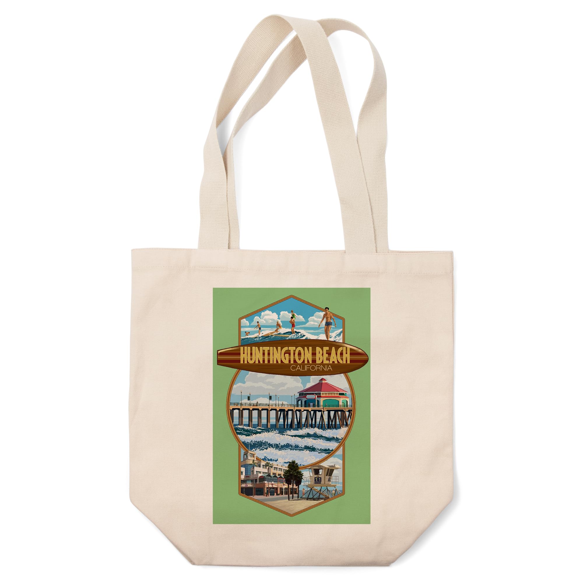 Huntington Beach California Tote Bag - 100% Cotton Canvas Reusable Shopping Bag with Montage Scenes | Perfect for Beach Trips, Groceries & Eco-Friendly Lifestyle