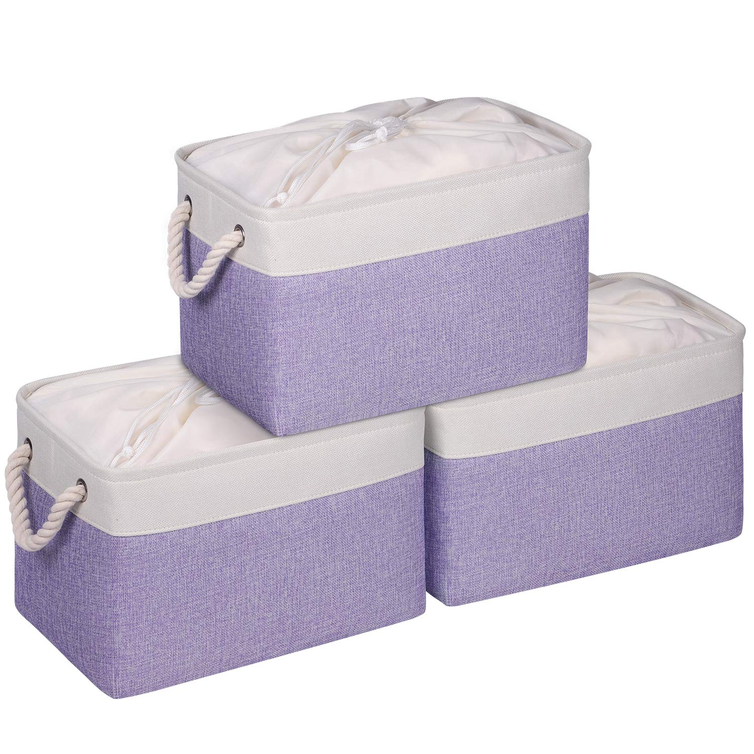 KEEGH 15-Inch Fabric Storage Baskets 3-Pack - Collapsible Closet Organizer Bins with Drawstring Cover & Handles for Dog Toys, Nursery, Baby Clothes (15x10.5x9.5 Inch) - Perfect for Home Organization, Pet Supplies & Kids Room Storage