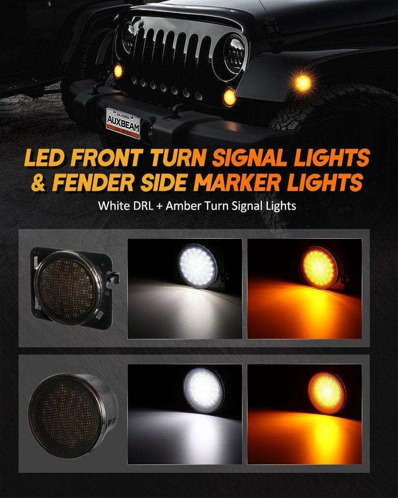 7 LED Headlight Replacement with Halo Ring + 4 LED Fog Light Kit + Front Turn Signal & Fender Flares Side Marker Light for Jeep Wrangler JK 2007-2018 - Off-Road Adventure & Night Driving Upgrade