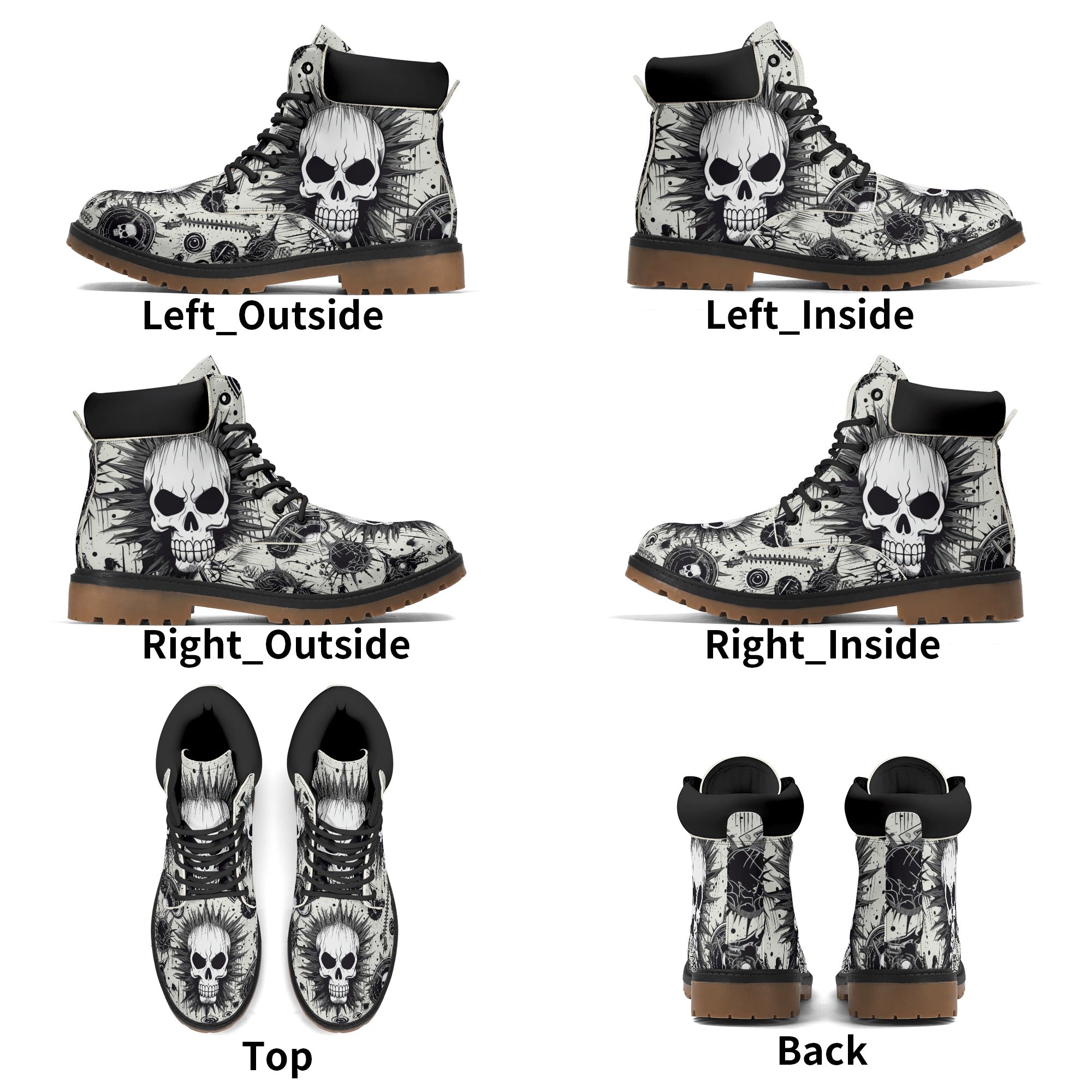 Punk Rock Skull Leather Brown Outsole All Season Boots for Men & Women - Gothic Fashion, Motorcycle Riding, Halloween Costume, Streetwear