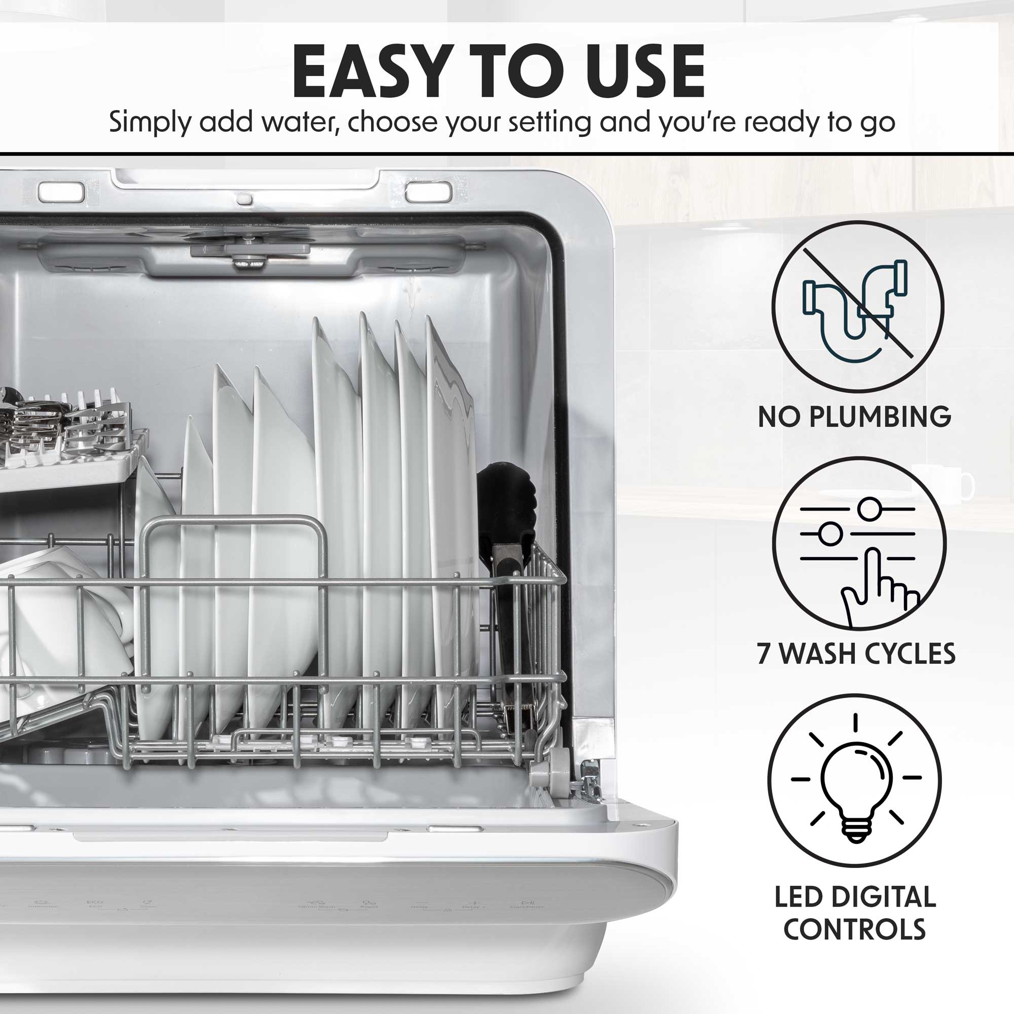 Baridi Mini Portable Tabletop 6L Dishwasher with 3 Place Settings - 7 Wash Functions & Quick Connect for Small Kitchens | Perfect for Apartments, RVs, Dorms & Camping | Model DH72