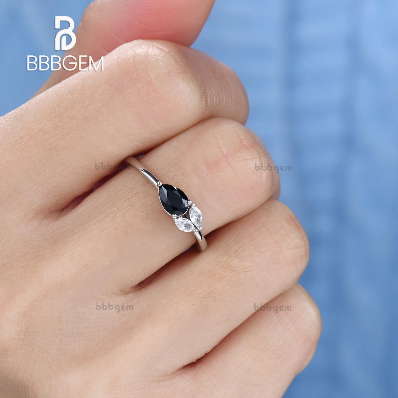 Petite Black Onyx Pear & White Moissanite Marquise Stacking Ring - Asymmetrical East-West Set for Women - Perfect for Layering, Wedding Bands, and Everyday Elegant Jewelry