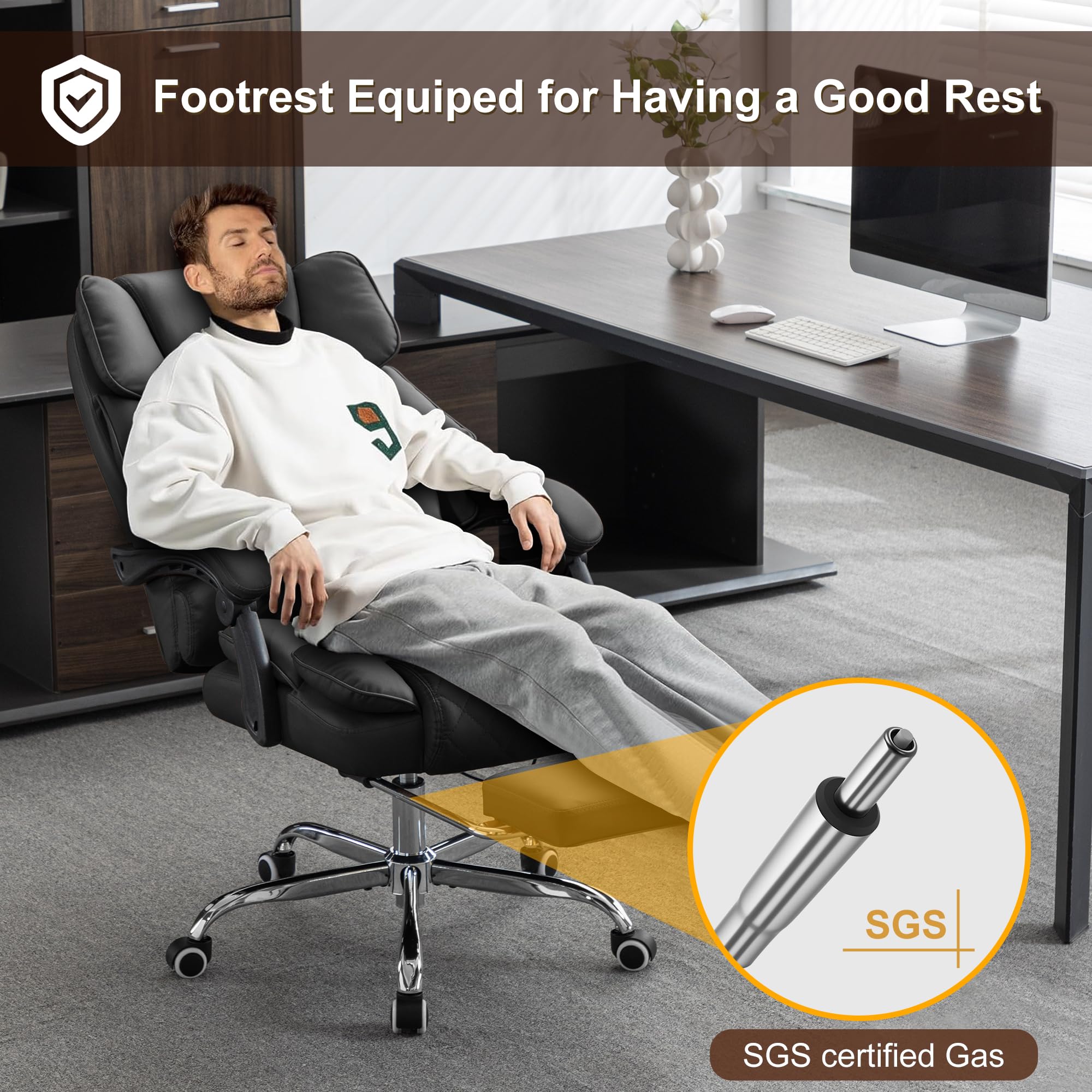 Ergonomic Heated Kneading Massage Executive Office Chair with 90-135° Recline & Footrest - Diamond-Stitched Black Leather Computer Desk Chair for Back Pain Relief - Perfect for Home Office, Gaming & Workspace Comfort