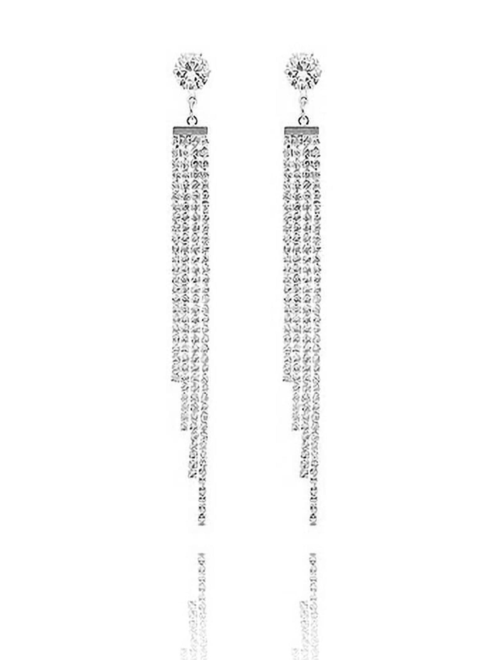 Sparkly Rhinestone Bow Dangle Earrings for Women - Trendy Silver Crystal Long Tassel Earrings | Perfect Christmas Gifts 2024 | Elegant for Parties, Weddings & Special Occasions