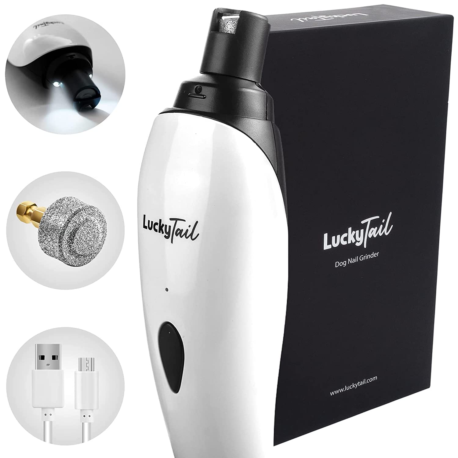 LuckyTail Quiet Electric Pet Nail Grinder for Dogs & Cats - Low Vibration USB Rechargeable Cordless Nail Trimmer with 2 LED Lights & 2 Speed Settings - Perfect for Small to Large Pets at Home Grooming & Professional Use