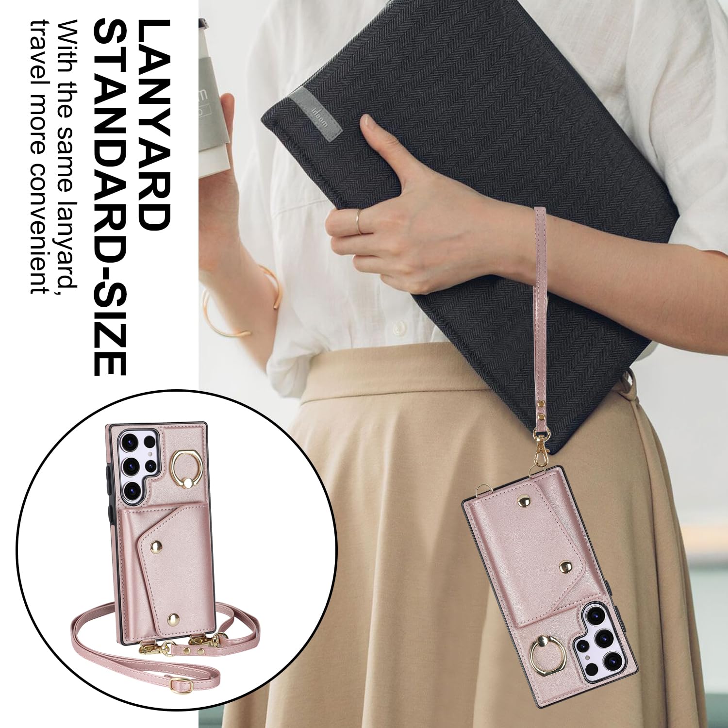 UEEBAI Samsung Galaxy S24 Ultra 5G Wallet Case with Card Slots, Zipper Pocket & Kickstand - Crossbody Phone Purse with Removable Wrist Strap (Rose Gold) - Perfect for Travel, Shopping & Everyday Use