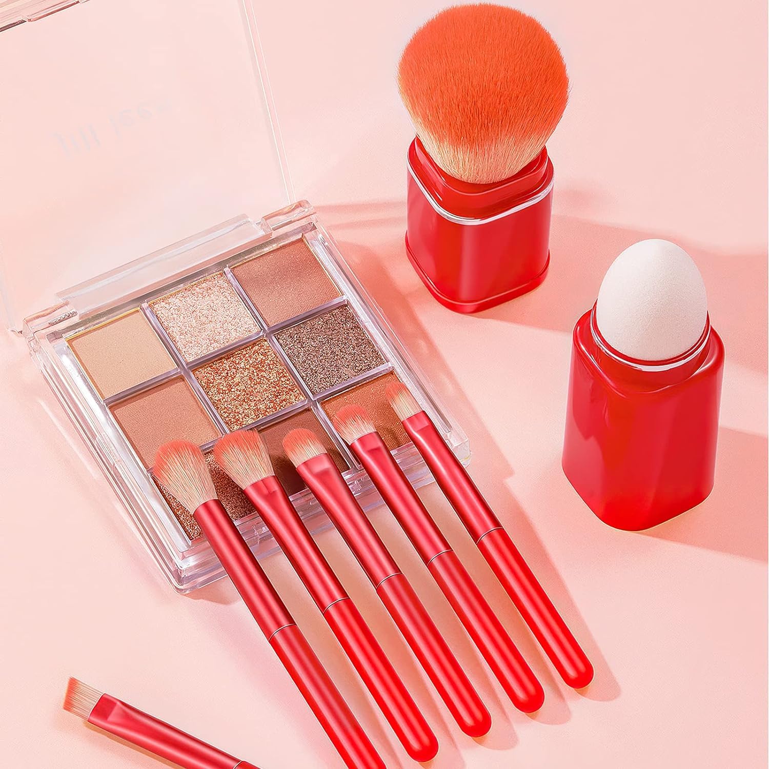 SKINPLUS 8-Piece Professional Makeup Brush Set - Portable Travel Cosmetic Brushes with Case for Foundation, Blush, Eyeshadow & More (Red) | Perfect for Home, Travel & Professional Makeup Artists