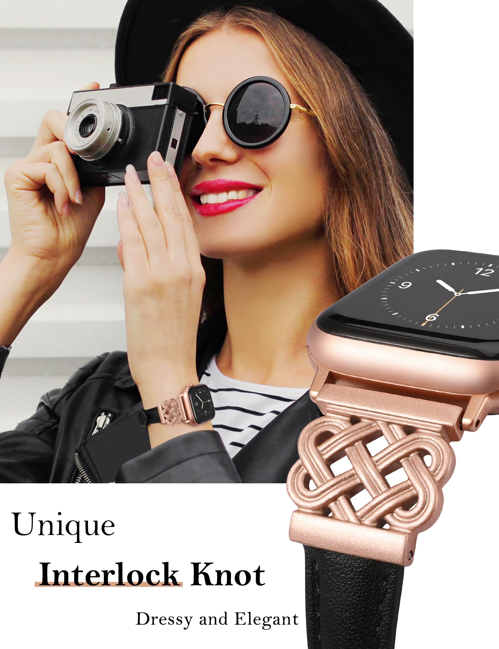 Premium Genuine Leather Apple Watch Band - Compatible with 38/40/41/42mm iWatch Series 10/9/8/7/6/5/4/3/2/1 & SE - Slim Dressy Bracelet with Secure Interlock Buckle - Black & Rose Pink Options - Perfect for Work, Formal Events & Everyday Wear