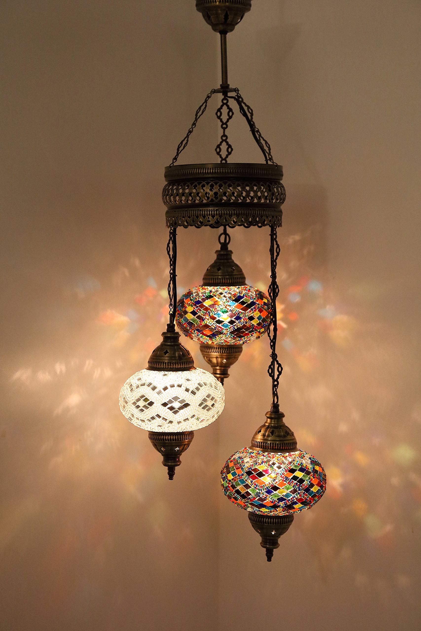 Large 3 Globe Mosaic Chandelier - Turkish Moroccan Bohemian Ceiling Light Fixture | Handmade Colorful Glass Pendant Lamp for Living Room, Bedroom & Dining Room Decor