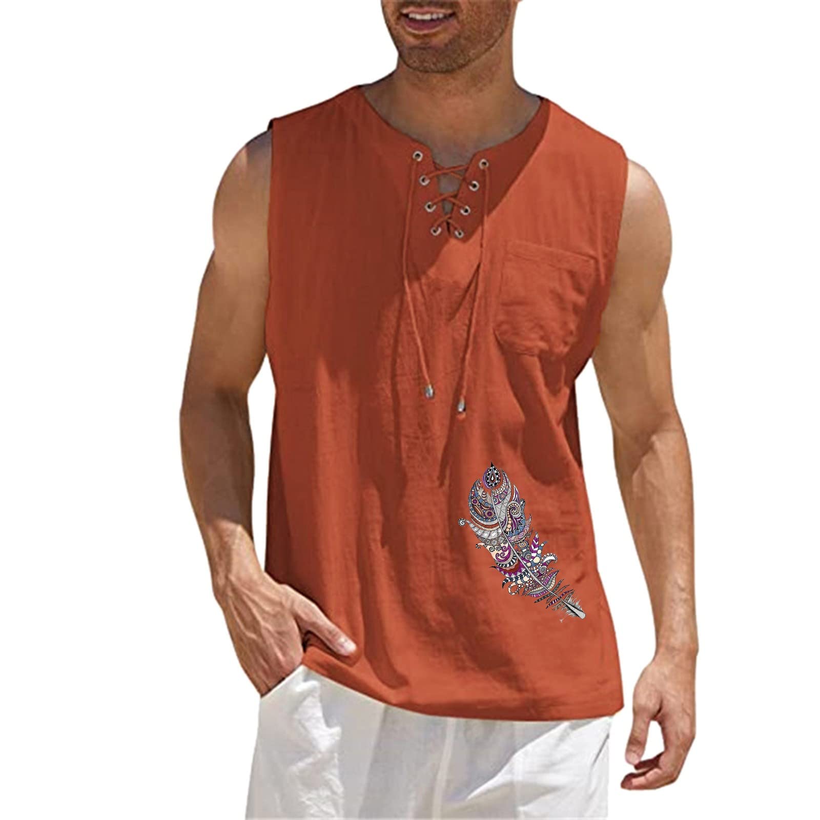 Men's Linen Cotton Sleeveless V-Neck Tank Top - Breathable Summer Casual Tee with Pockets for Beach, Fitness & Hippie Style | Perfect for Outdoor Activities, Yoga & Music Festivals