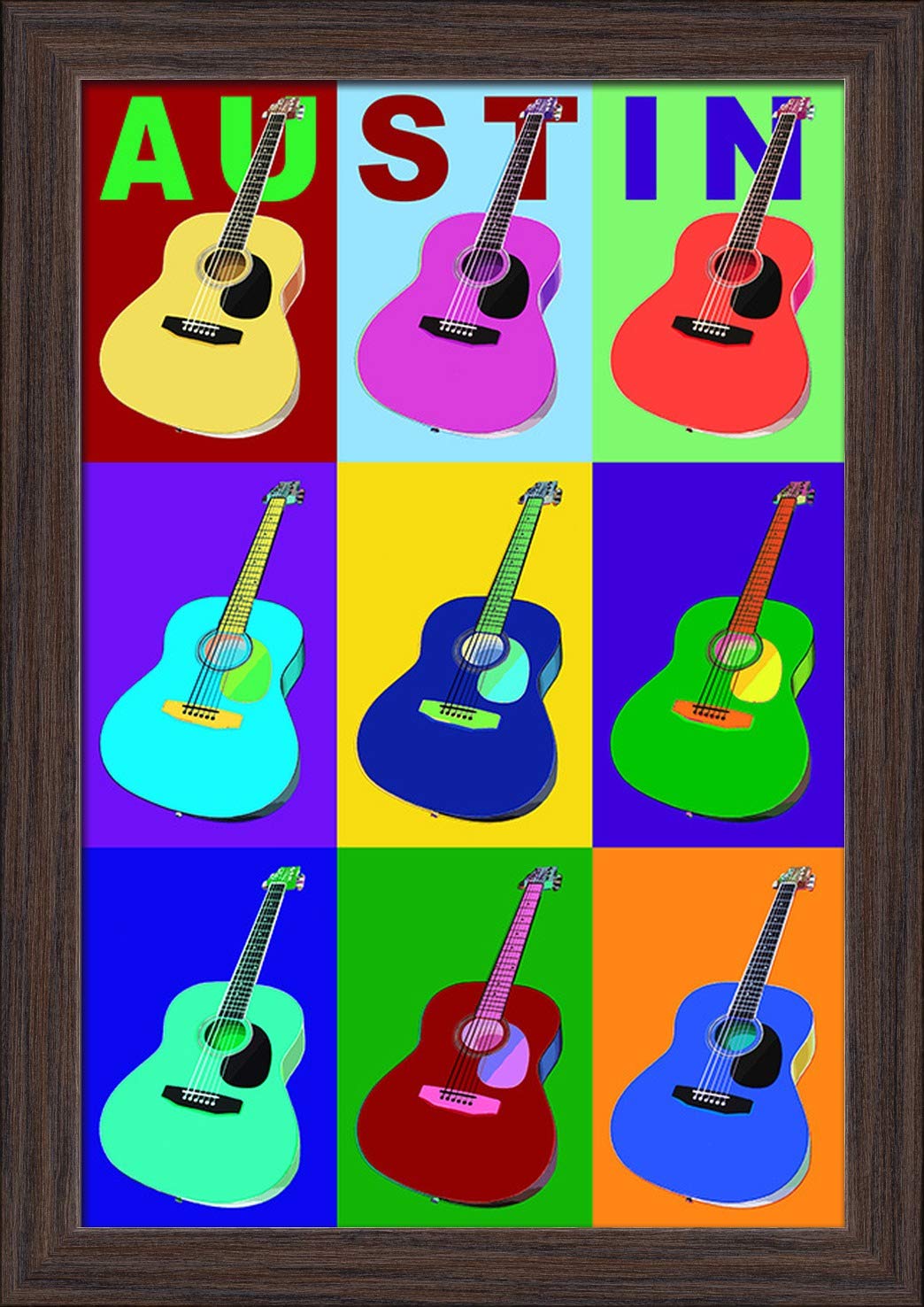 Austin Texas Acoustic Guitar Pop Art Print - 12x18 Giclee Fine Art on Recycled Wood Frame in Espresso Brown - Perfect for Music Lovers, Home Decor & Office Wall Art