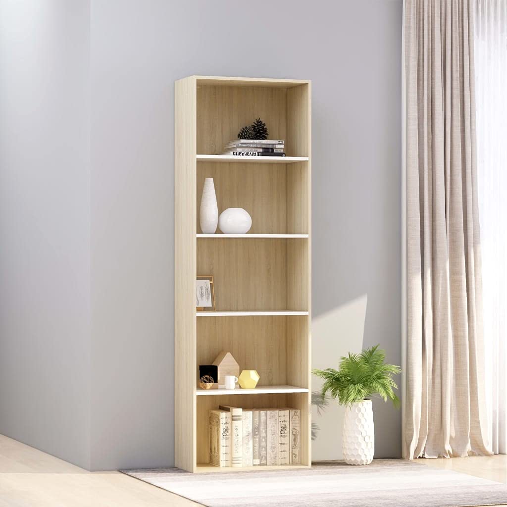 5-Tier Book Storage Cabinet - White & Sonoma Oak Living Room Bookshelf (23.6