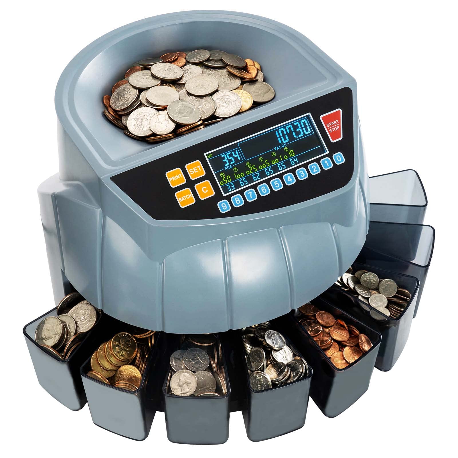 MUNBYN High-Speed Coin Counter and Sorter Machine - Counts 1¢, 5¢, 10¢, 25¢, 50¢ & Dollar Coins (250 Coins/Min) with 6 Sorting Bins | Compatible with Printer & Batch Mode | Perfect for Banks, Retail Stores, and Small Businesses