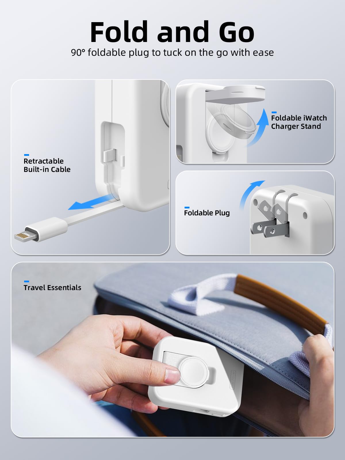 2 in 1 Apple Watch & iPhone Charger Block - Built-in Retractable Cable, Foldable Travel Plug - Fast Charging Adapter for iWatch Series 9/8/7/SE & iPhone 15/14/13 - Perfect for Home, Office & Travel Use