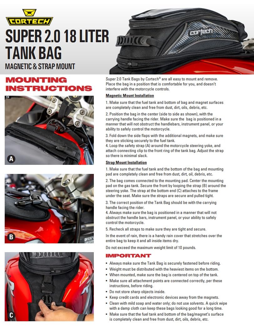 Cortech Super 2.0 18L Motorcycle Tank Bag - Waterproof Motorcycle Storage for Touring, Commuting & Adventure Riding
