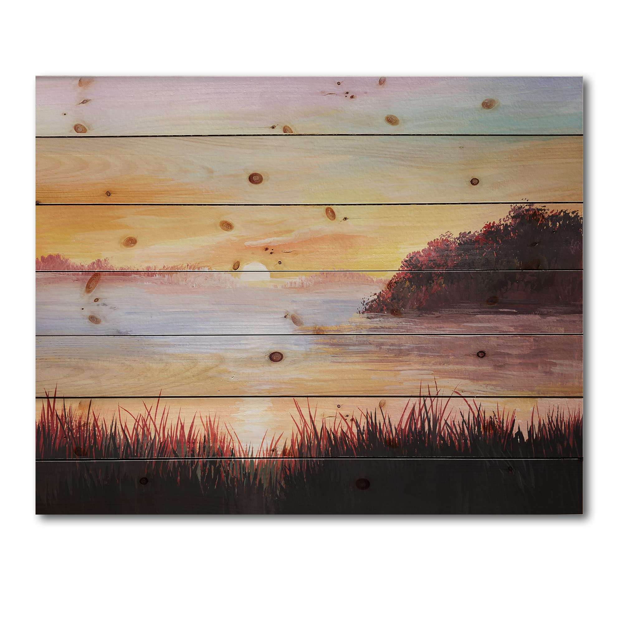 DesignQ Nautical & Coastal Wood Wall Decor - Lake with Reeds Landscape Art on Natural Pine Wood, Large Yellow Wood Wall Panels for Home & Office Decoration | Perfect for Living Room, Bedroom, or Coastal-Themed Spaces