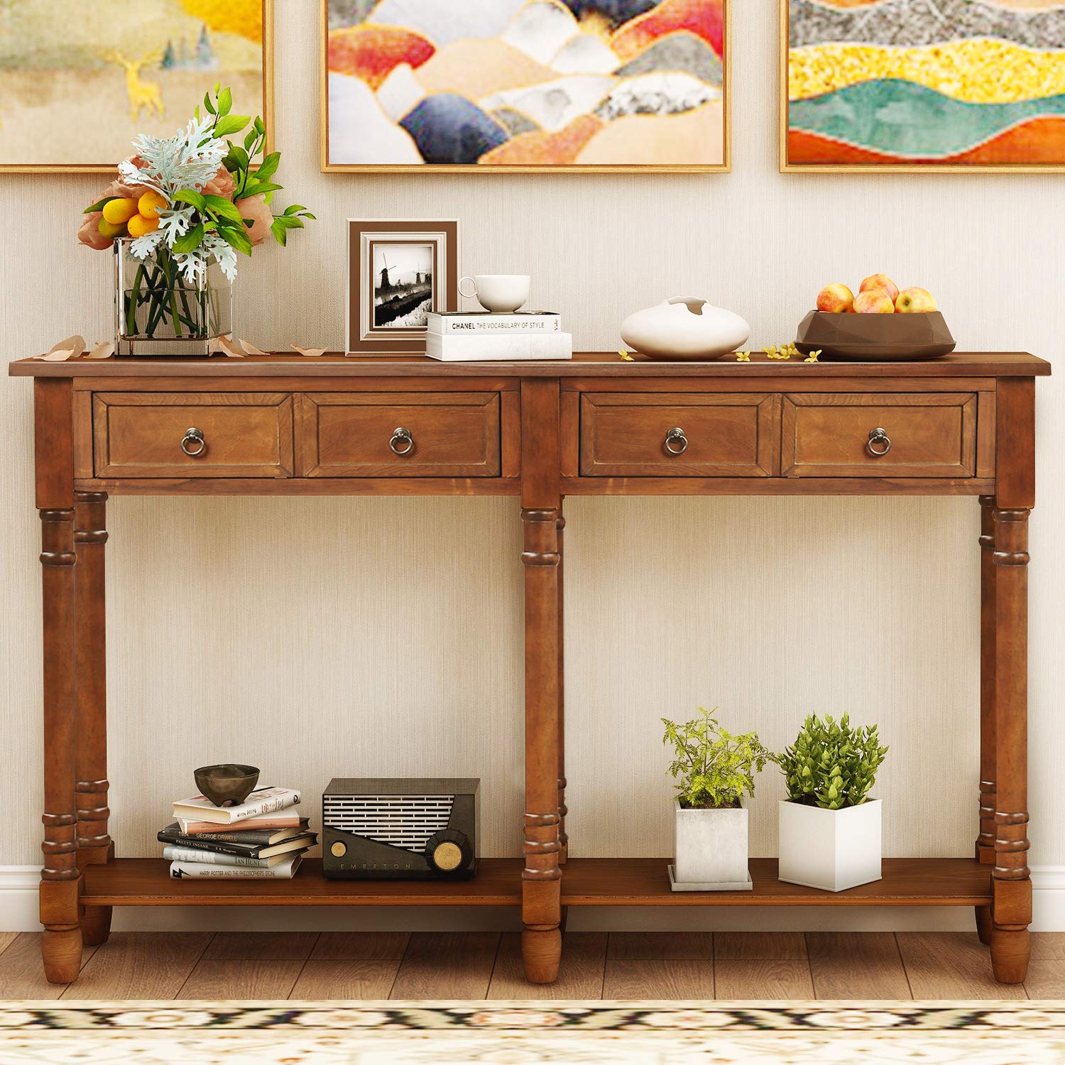 Vintage Narrow Console Table with 2 Storage Drawers & Shelf - Retro Sofa Table for Living Room, Bedroom, Entryway | Antique Walnut Finish | Perfect for Small Spaces & Hallway Decor