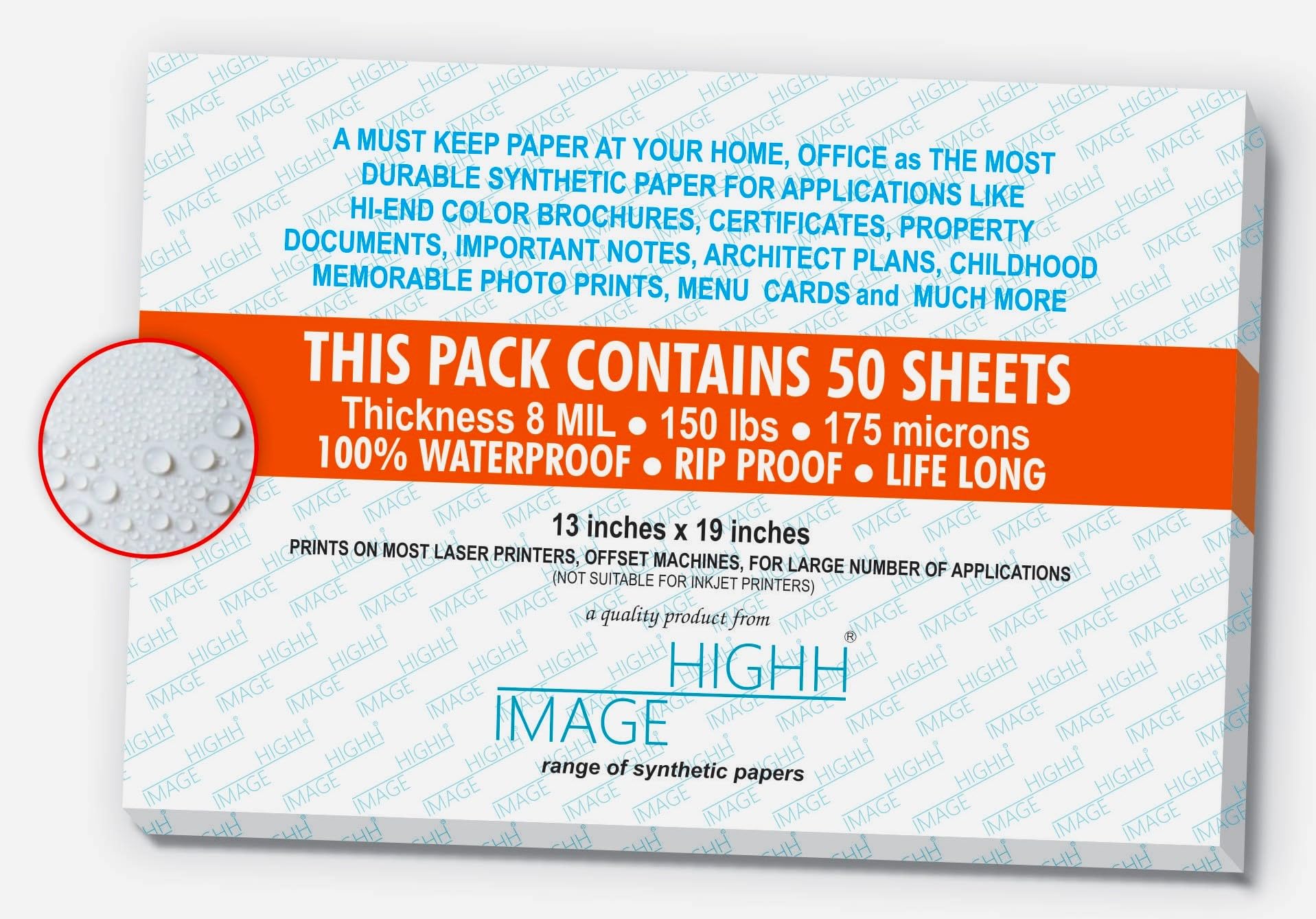Waterproof Tear-Resistant Weatherproof Paper 13x19 Inches - 50 Sheets, 150 lb Thick 8 Mil Laser Printer Paper for Outdoor Signs, Maps & Water-Resistant Documents