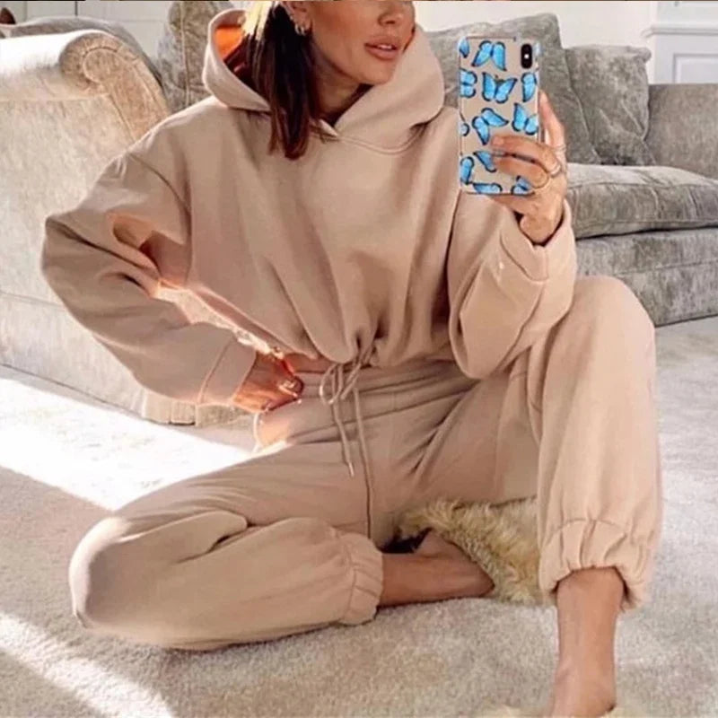 Women's Autumn Winter Sweatshirt Set - Solid Color Casual Hooded 2 Piece Outfit for Gym, Jogging & Lounge Wear | Fashionable Pant Sets for Women