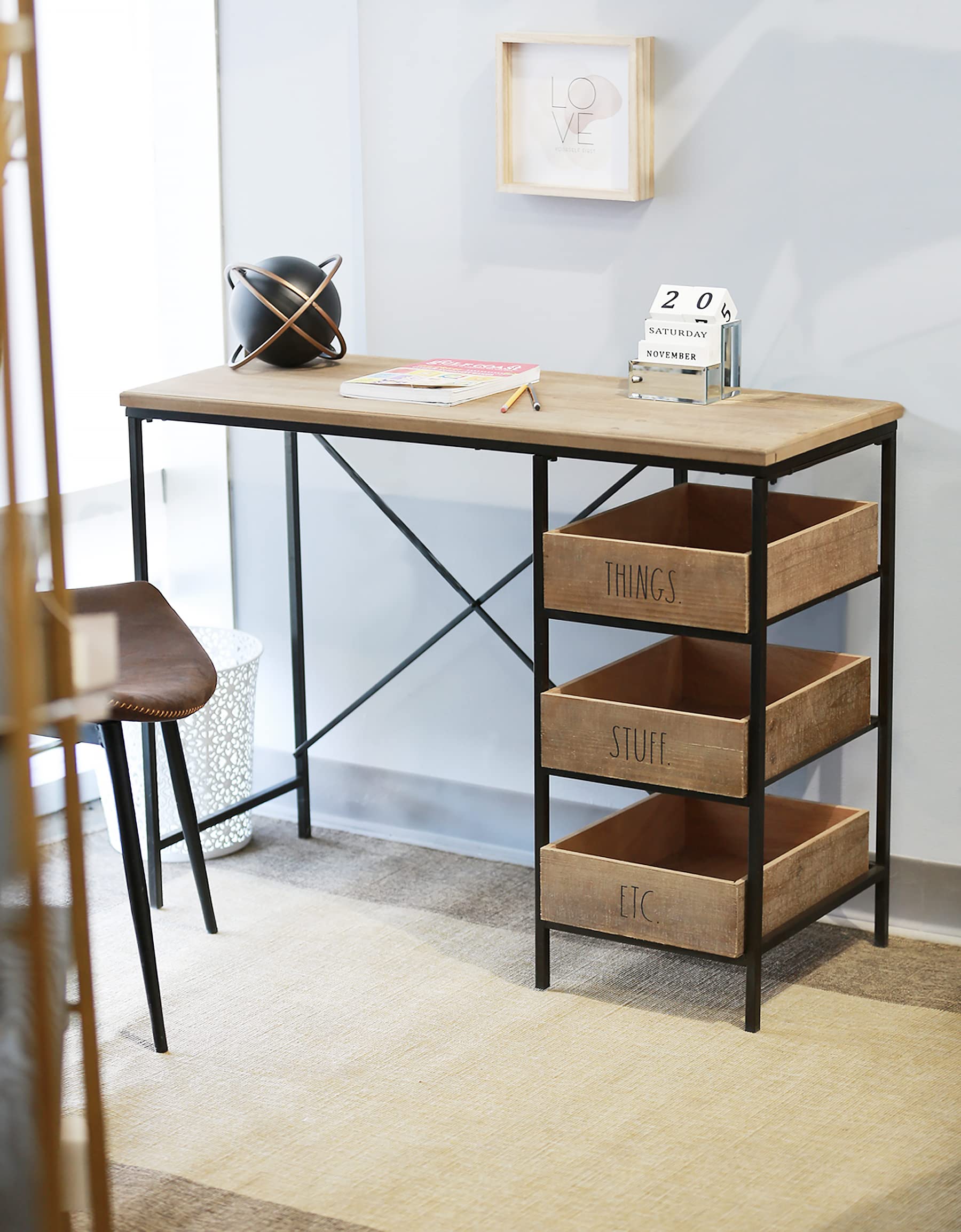 Rae Dunn Wooden Computer Desk with Drawers - Modern Industrial Home Office Desk, Writing Workstation, Craft & Study Table with Metal Frame - Perfect for Small Spaces, Remote Work & DIY Projects