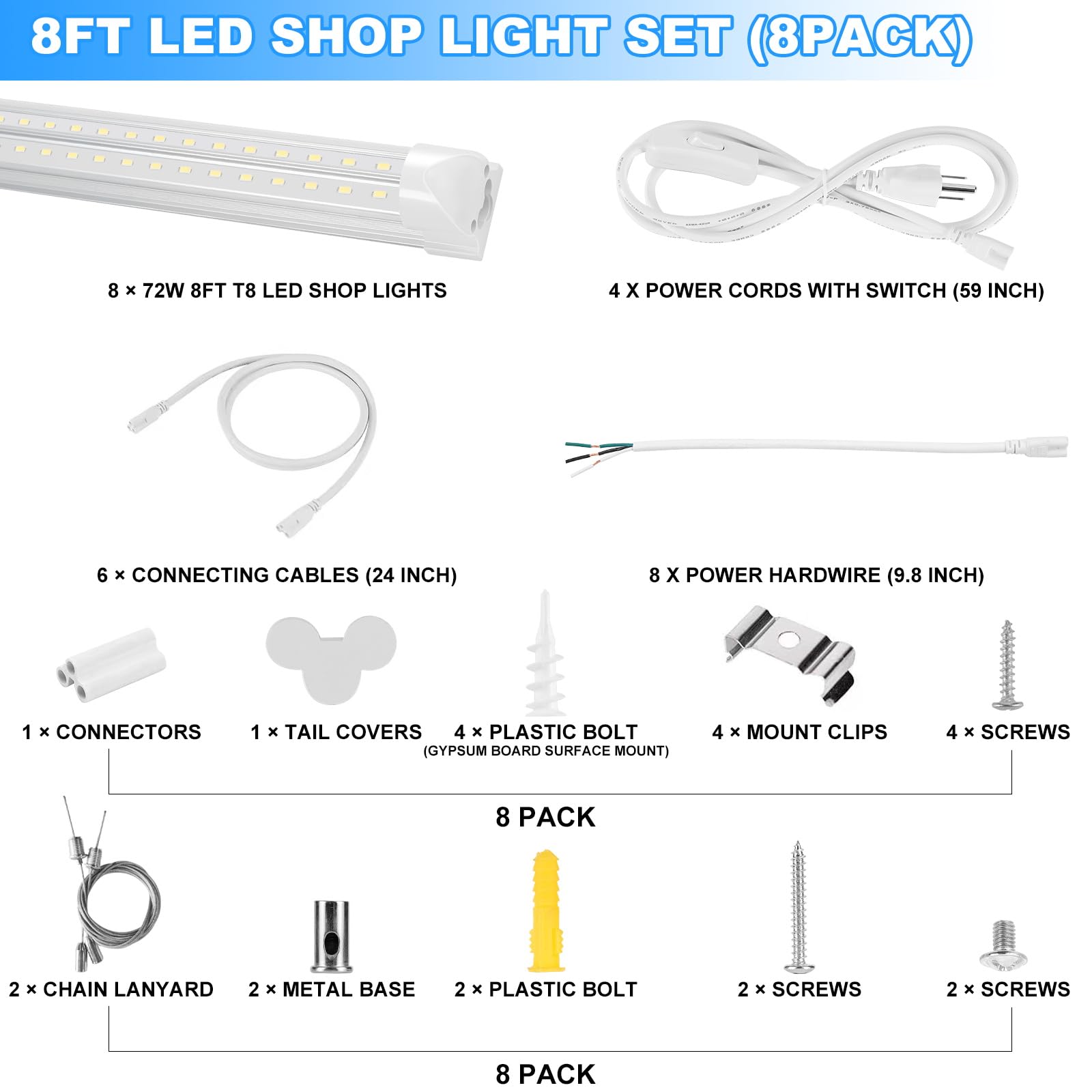 8FT LED Shop Light 8 Pack - 6000K Daylight White, 72W 11520LM High Output T8 LED Tube Lights with Plug & Play Installation, Hanging/Surface Mount Linkable Fixture for Garage, Warehouse, Workshop & Basement Lighting