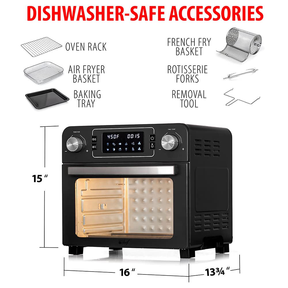 Deco Chef 24QT Stainless Steel Air Fryer Toaster Oven Combo with Accessories - Countertop Convection Oven for Baking, Roasting & Reheating - Black (Renewed) - Perfect for Small Kitchens, Dorms & RV Cooking