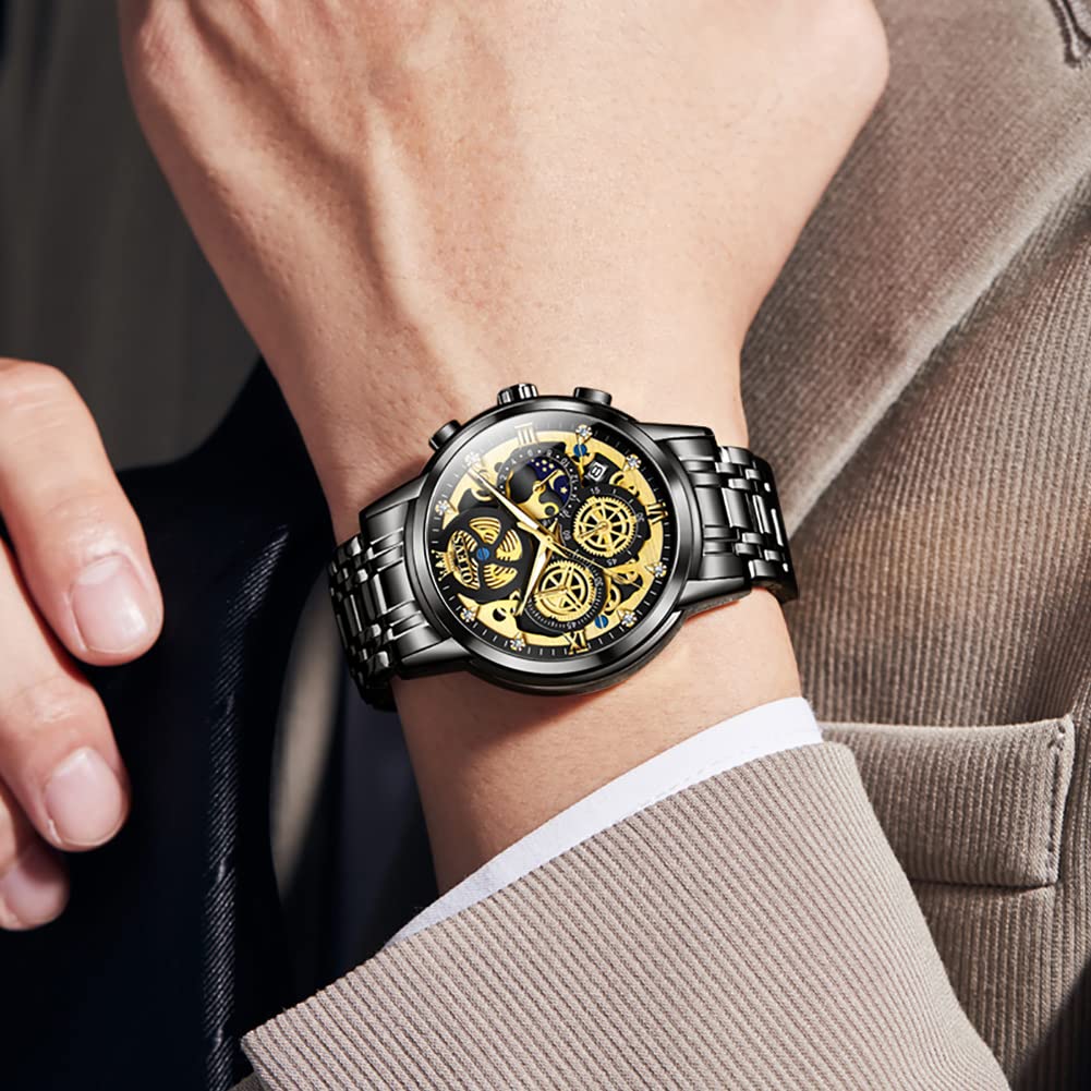 OLEVS Men's Skeleton Stainless Steel Chronograph Watch - Waterproof Analog Wristwatch with Date Display | Luxury Business Dress Watch for Men (Blue/Black/Gold/White) | Perfect for Office, Formal Events & Everyday Wear