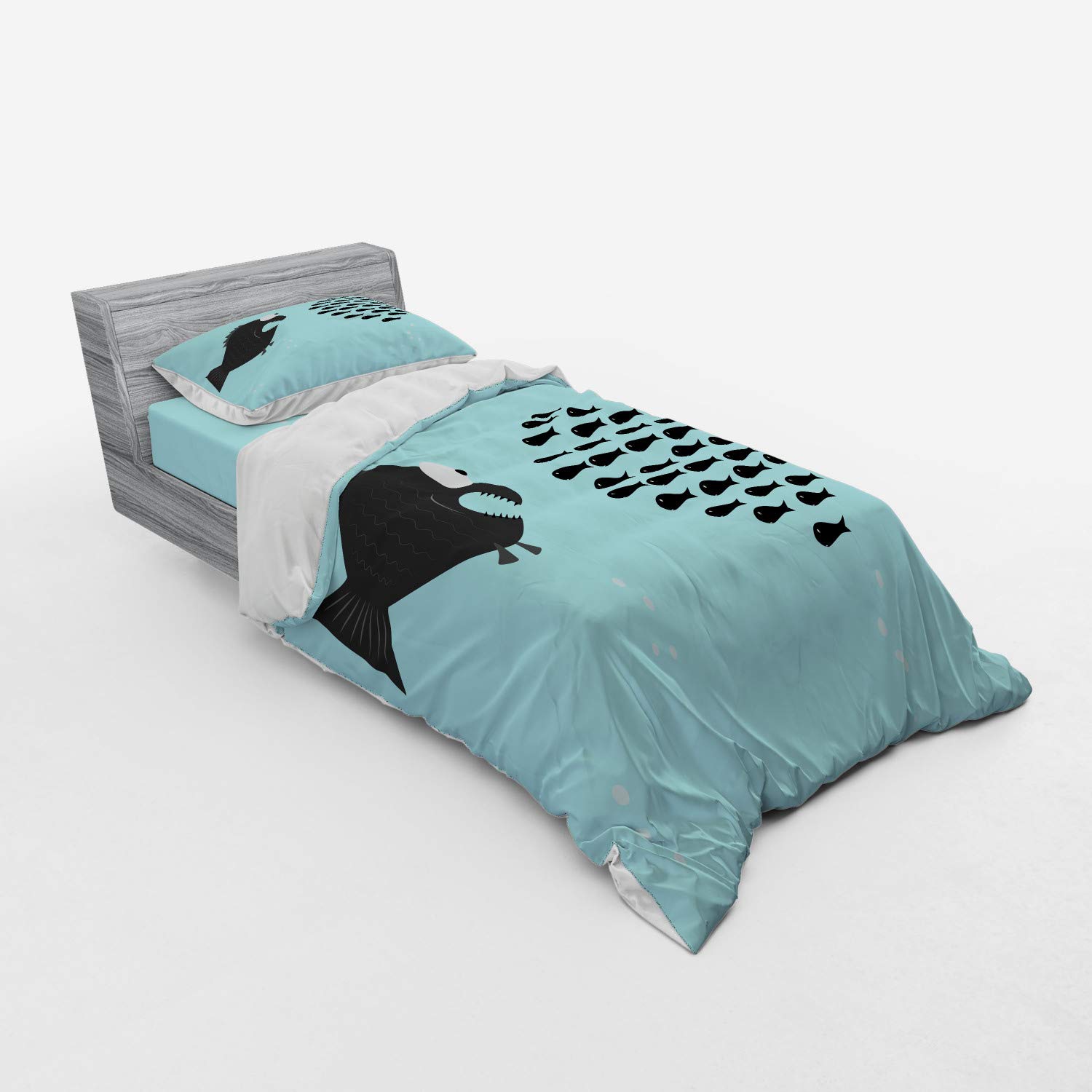 Ambesonne Fish Duvet Cover Set - Little Fishes United Fighting Big Fish Ocean Wildlife Theme - 3 Piece Twin Size Blue & Black Bedding Set with Sham & Fitted Sheet - Perfect for Kids' Rooms, Beach Themed Decor & Aquatic Wildlife Lovers
