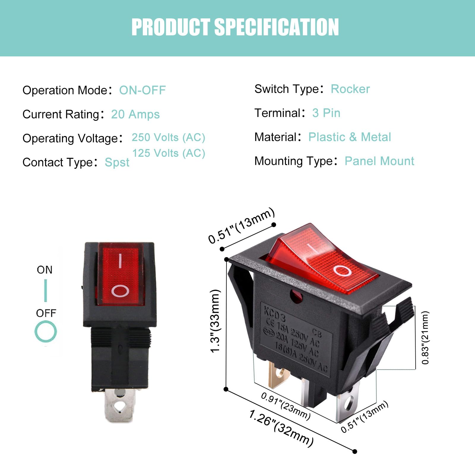 RuoFeng 10Pcs Red Light Illuminated Toggle Switch SPST 3 Pin 2 Position 15A/250V 20A/125V for Car, Boat, Popcorn Machine, Bench Grinder, Breadboard - Perfect for Automotive, Marine, and DIY Electrical Projects