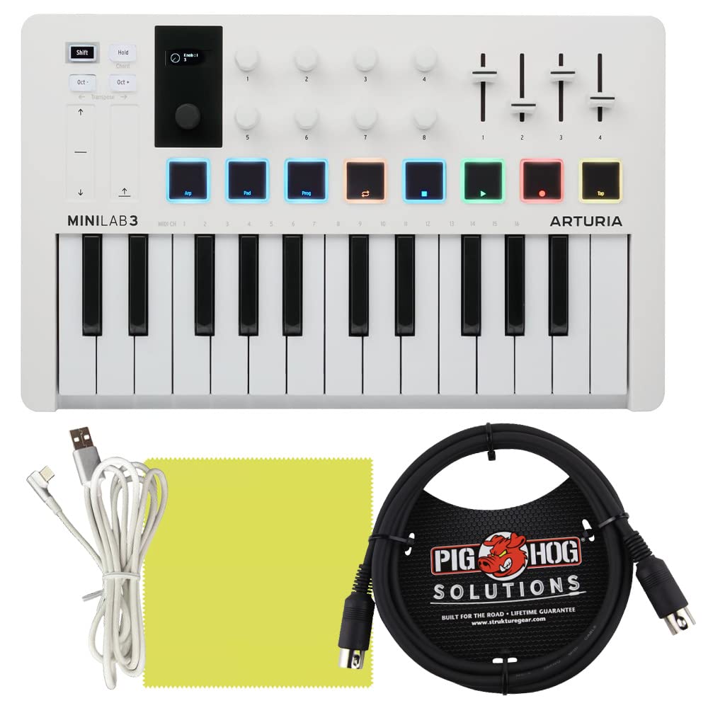 Arturia MiniLab 3 25-Key Portable MIDI Keyboard Controller with Software - White Compact USB MIDI Keyboard for Music Production, Recording Studio & Live Performance | Includes Pig Hog MIDI Cable & Polishing Cloth