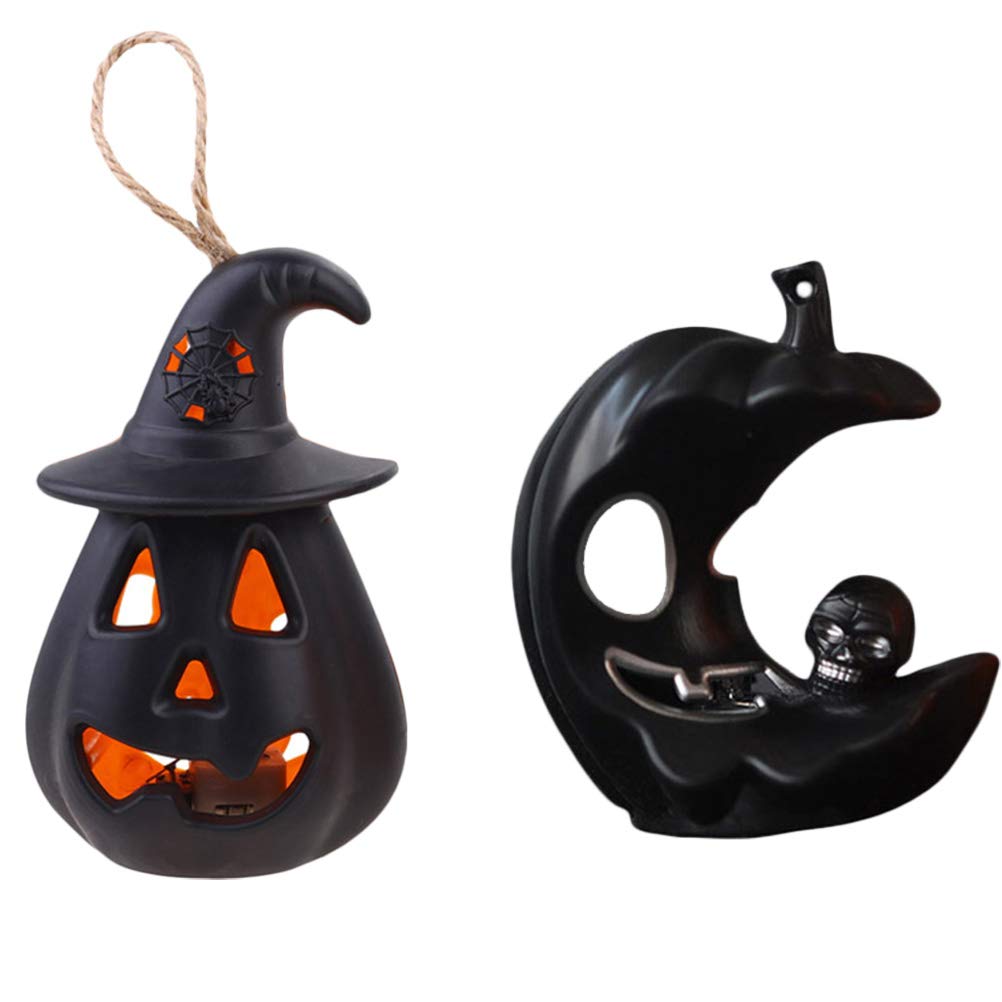 OSALADI 2 Pack Halloween LED Pumpkin Lanterns - Black Spooky Glow Lights for Party Decorations, Outdoor & Indoor Halloween Decor, Trick or Treat Night