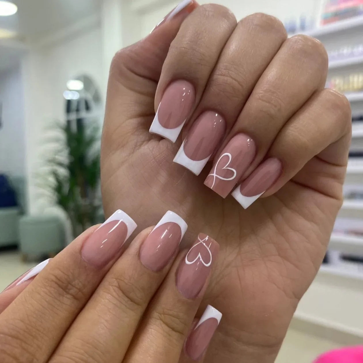24Pc Square French Fake Nails with Heart Love Designs - Glossy White & Pink Press on Nails | Full Cover False Nails for Valentine's Day | Perfect for Parties, Weddings & Special Occasions