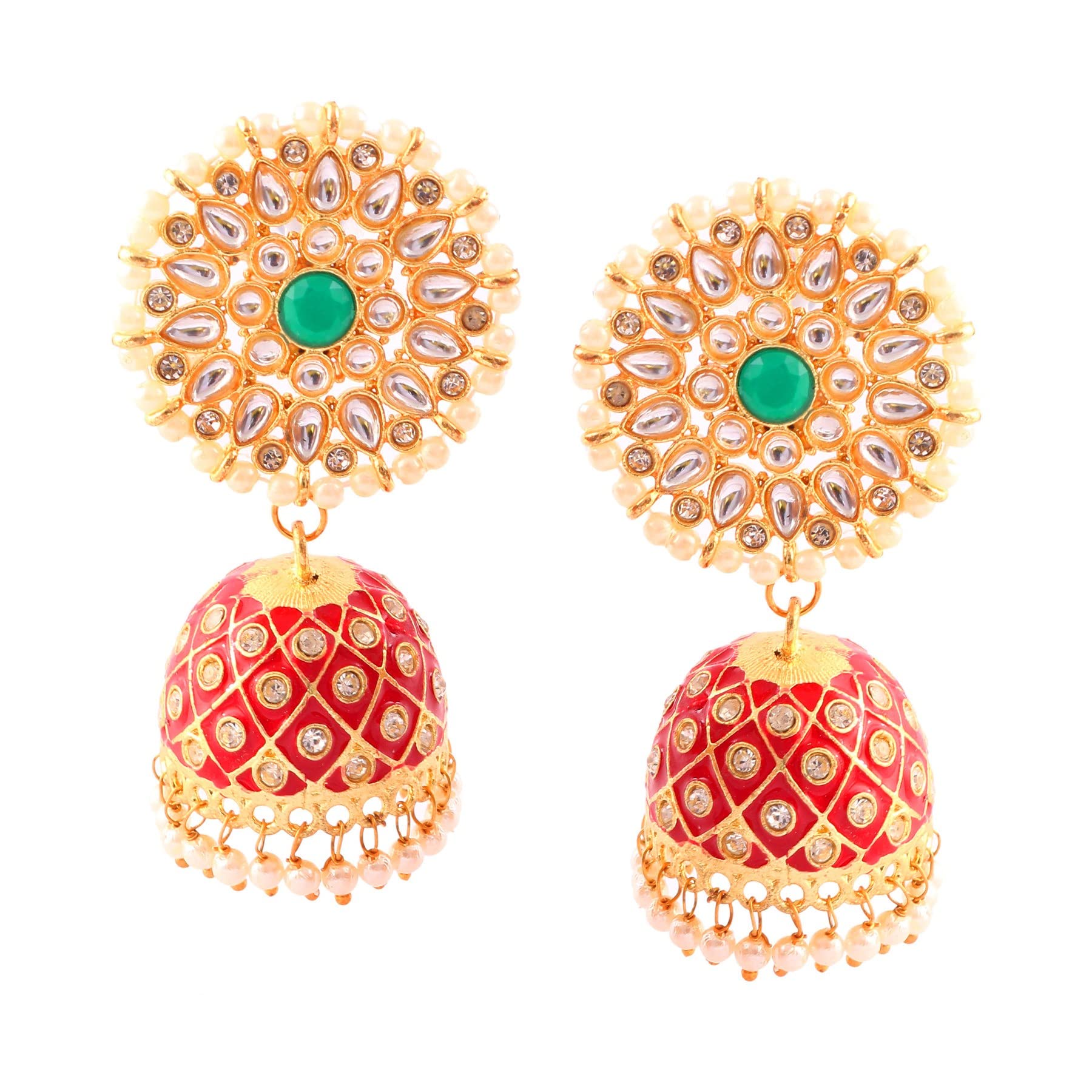 Exquisite Indian Traditional Gold Plated Pearl Polki Ad Cz Meena Work Jhumka Earrings for Women & Girls – Perfect for Weddings, Festivals & Ethnic Fashion