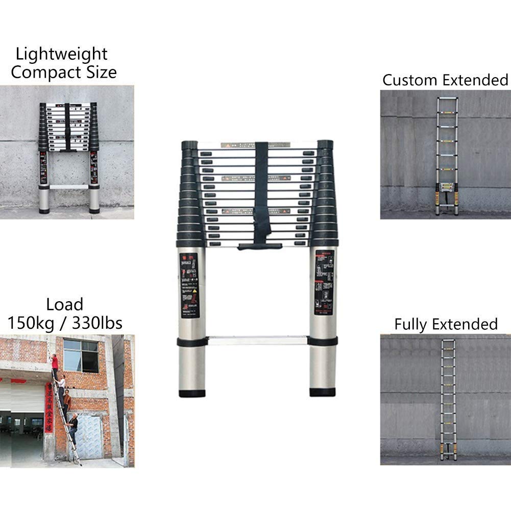 Aluminum Telescopic Ladder with Spring-Loaded Locking Mechanism - 330Lbs Capacity, 1.4M/4.5FT Extension - Multi-Position Household & Emergency Ladder for Home Repairs, Roof Access & Fire Escape