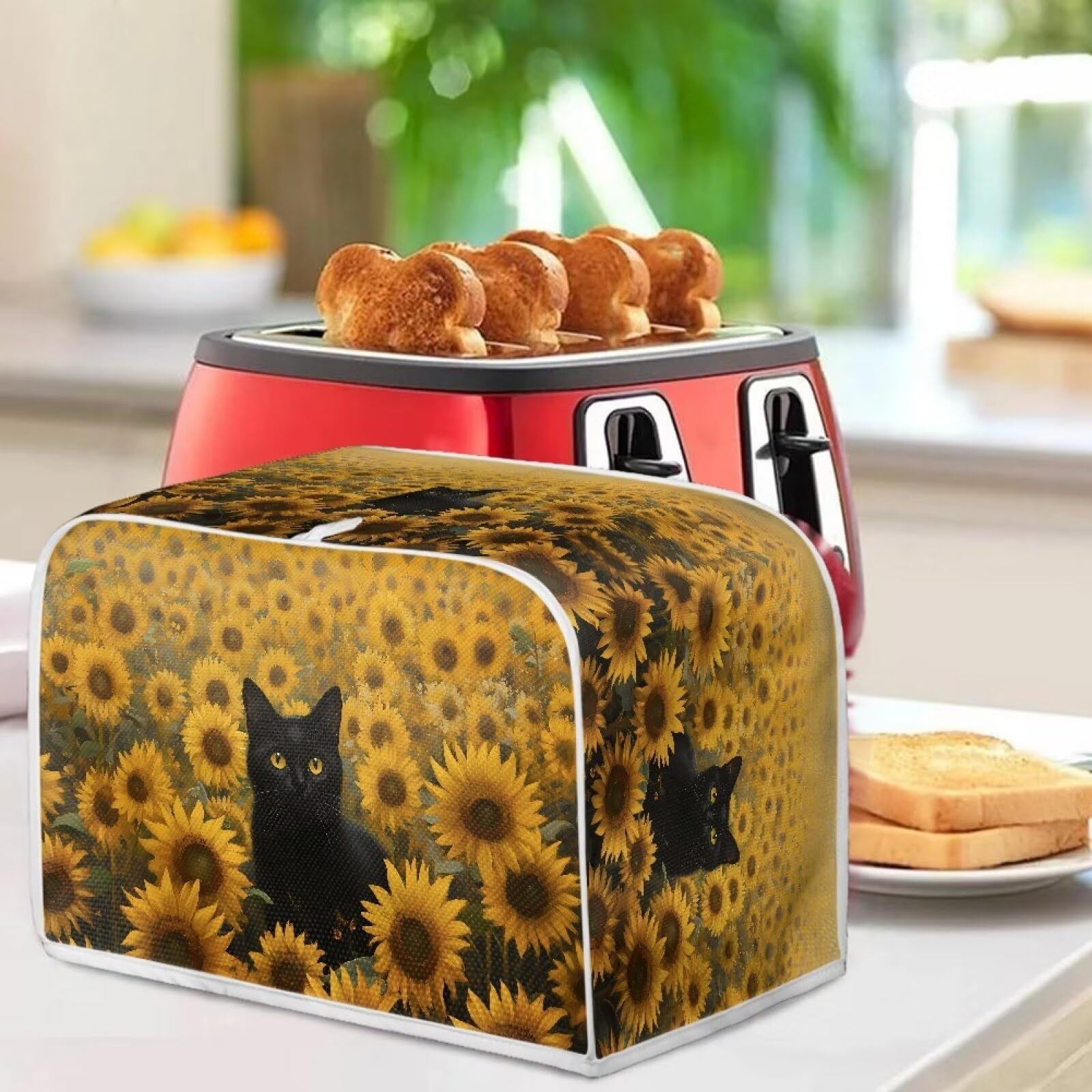 Waterproof Black Cat and Sunflower Print Toaster Cover - Standard 4 Slice Bread Maker Protector - Kitchen Appliance Cover for Countertop Protection - Perfect for Home, Cafe, and Office Use